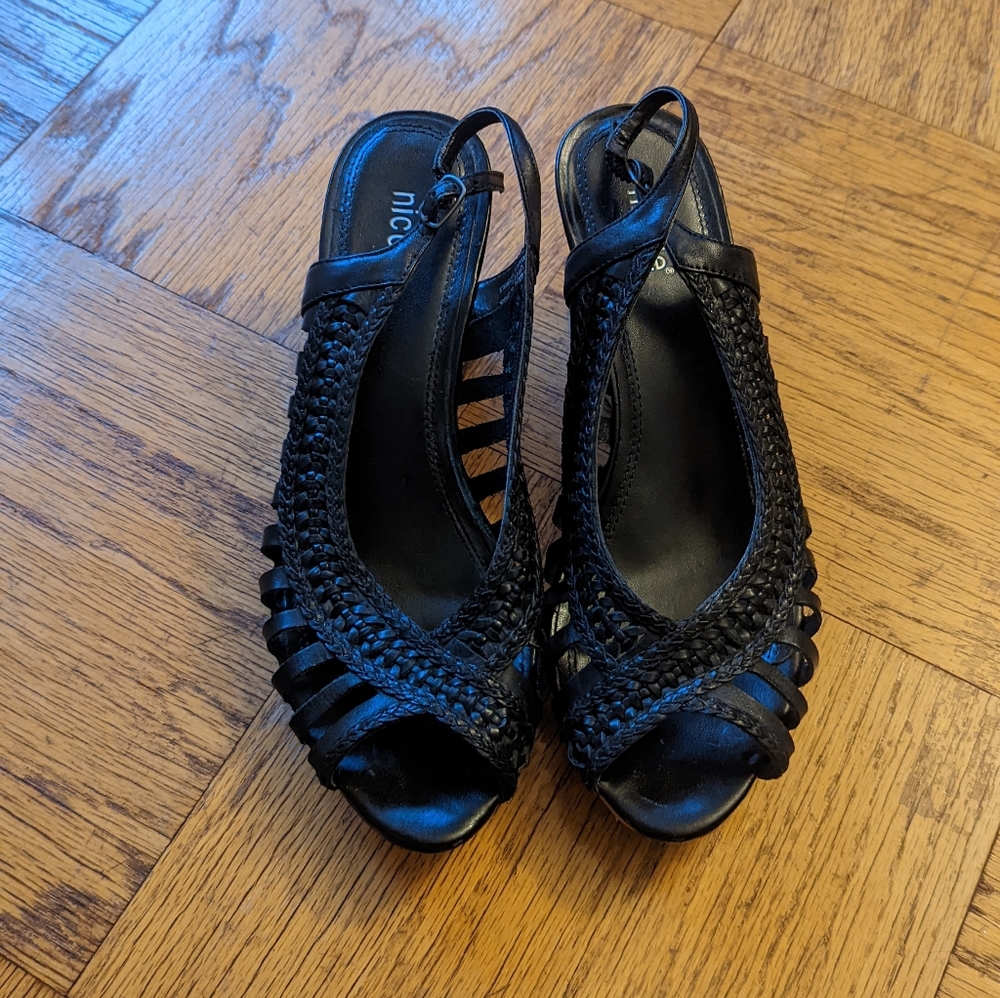 Nicole black leather wedges.